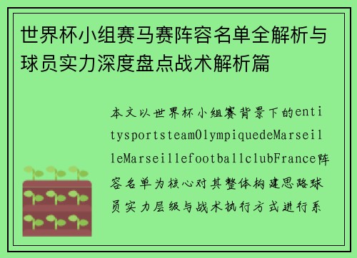世界杯小组赛马赛阵容名单全解析与球员实力深度盘点战术解析篇